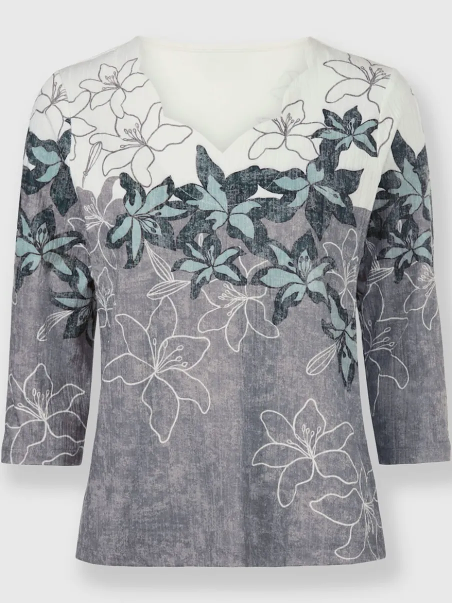 T-shirt avec imprimé floral encolure V et manches trois quarts