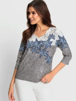 T-shirt avec imprimé floral encolure V et manches trois quarts