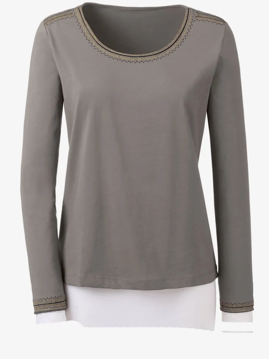T-shirt brodé coton-modal col rond manches longues avec finition soignée