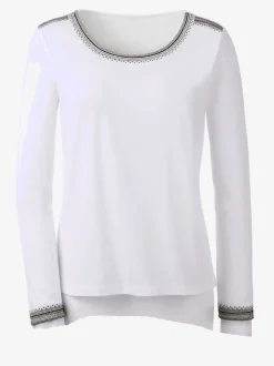 T-shirt brodé coton-modal col rond manches longues avec finition soignée