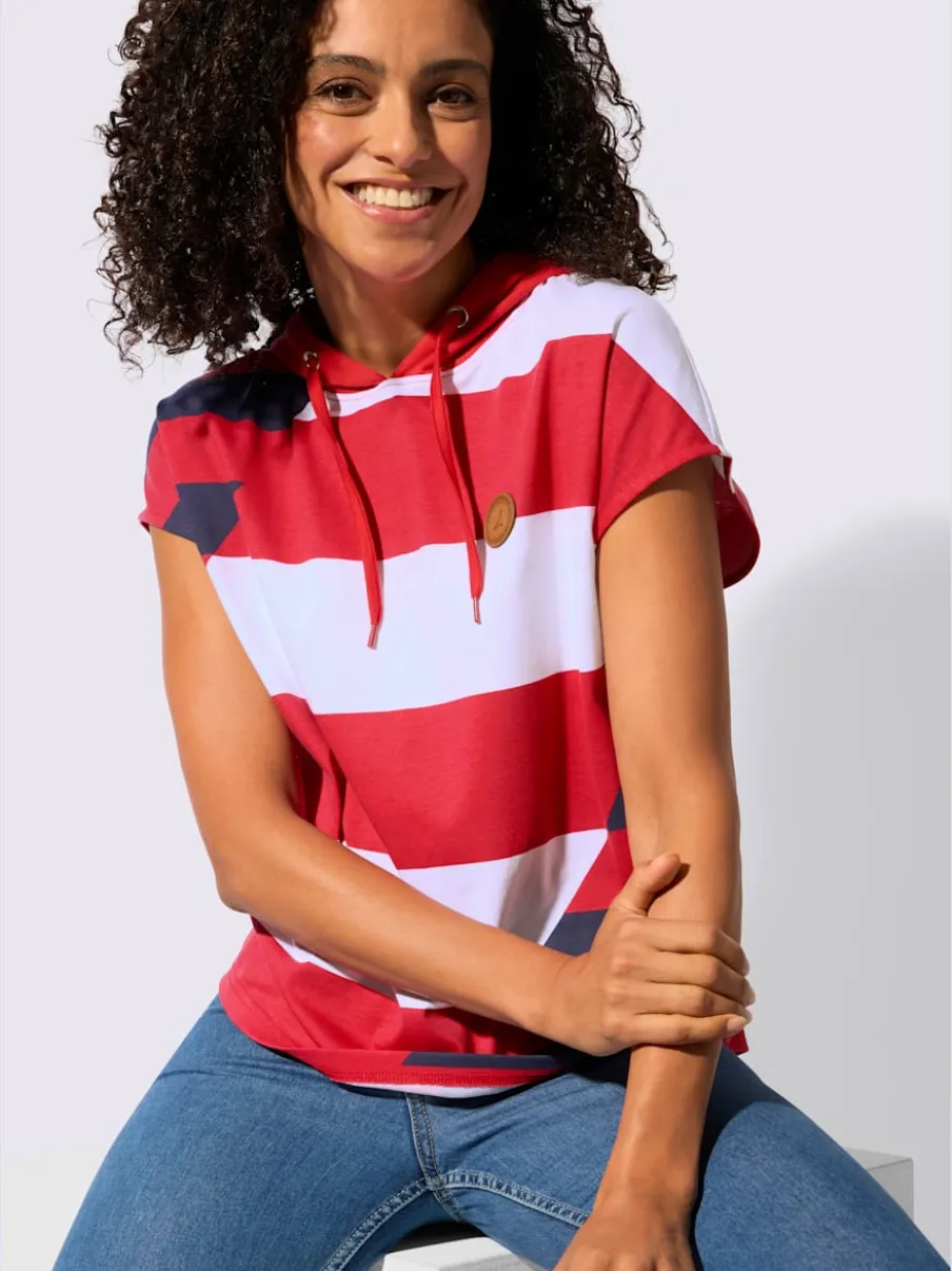 T-shirt à capuche avec motif tricolore et empiècement synthétique