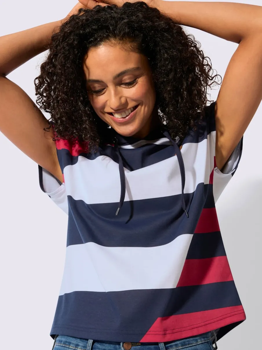 T-shirt à capuche avec motif tricolore et empiècement synthétique