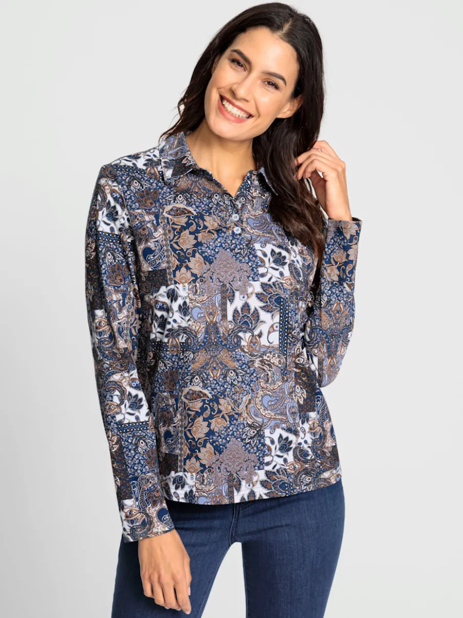T-shirt à col chemise manches longues imprimé paisley