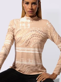 T-shirt à col montant en viscose avec motifs graphiques et manches longues