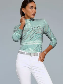 T-shirt à col montant en viscose avec motifs graphiques et manches longues