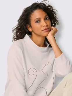 T-shirt col montant manches trois quarts motif chat brodé