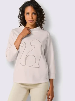 T-shirt col montant manches trois quarts motif chat brodé