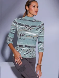 T-shirt à col montant à rayures graphiques en viscose