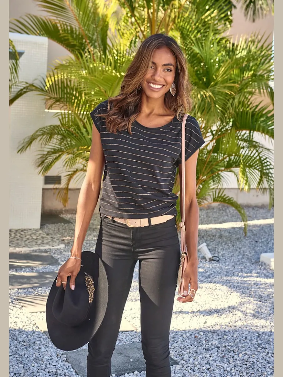 T-shirt à col rond avec bandes en lurex et ourlet arrondi