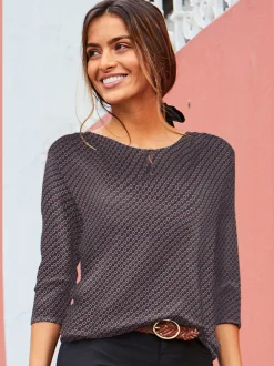 T-shirt à col rond avec boutons et manches 3/4 en viscose douce