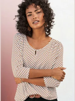 T-shirt à col rond avec boutons et manches 3/4 en viscose