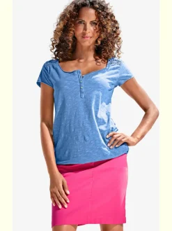 T-shirt à col rond avec détails dentelle et boutons brillants