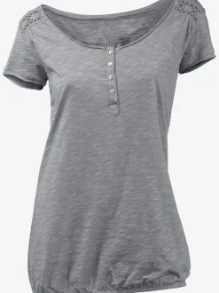 T-shirt à col rond avec détails dentelle et boutons brillants