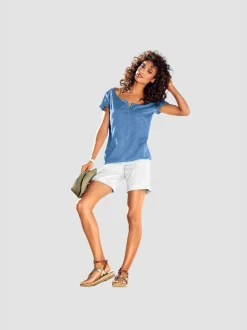 T-shirt à col rond avec détails dentelle et boutons brillants