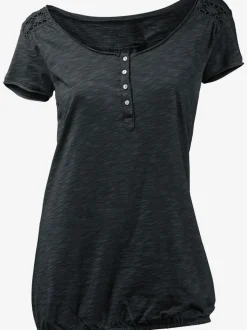 T-shirt à col rond avec détails dentelle et boutons brillants