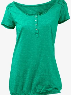 T-shirt à col rond avec détails dentelle et boutons brillants