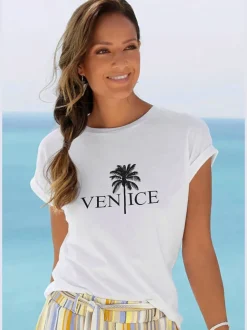 T-shirt à col rond avec impression palmier et manches courtes