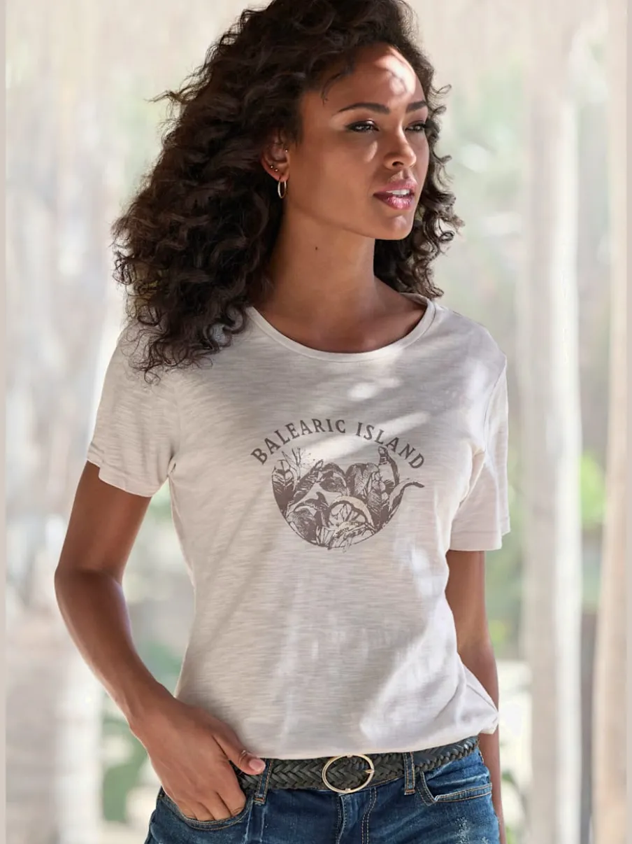 T-shirt à col rond avec imprimé estival et détails brillants