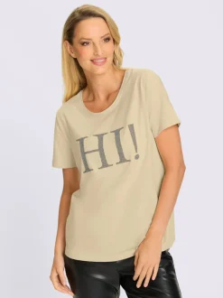 T-shirt à col rond avec inscription en perles fantaisie