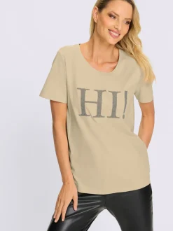 T-shirt à col rond avec inscription en perles fantaisie
