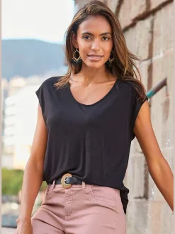 T-shirt à col rond avec mancherons courts en jersey doux