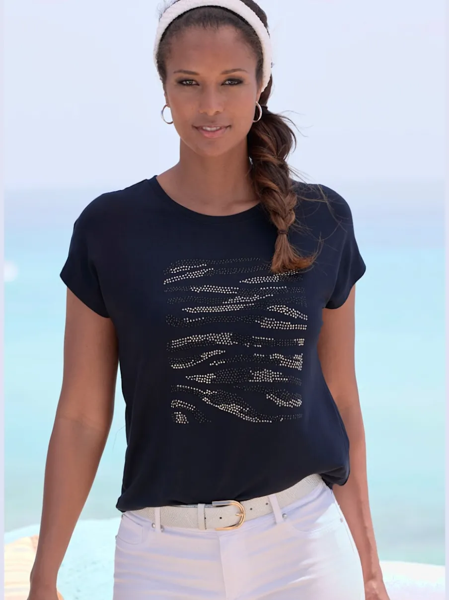 T-shirt à col rond avec motif en strass et ourlet arrondi