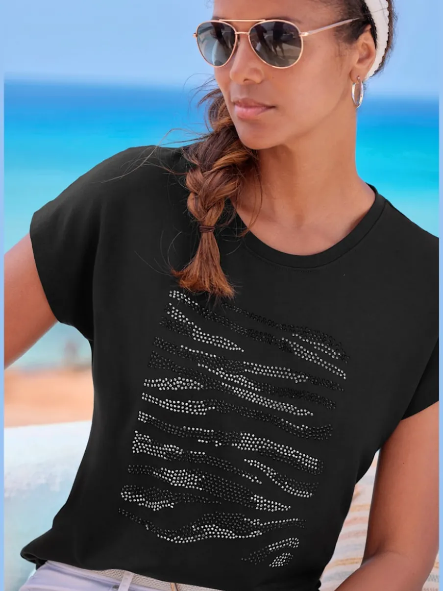 T-shirt à col rond avec motif en strass et ourlet arrondi
