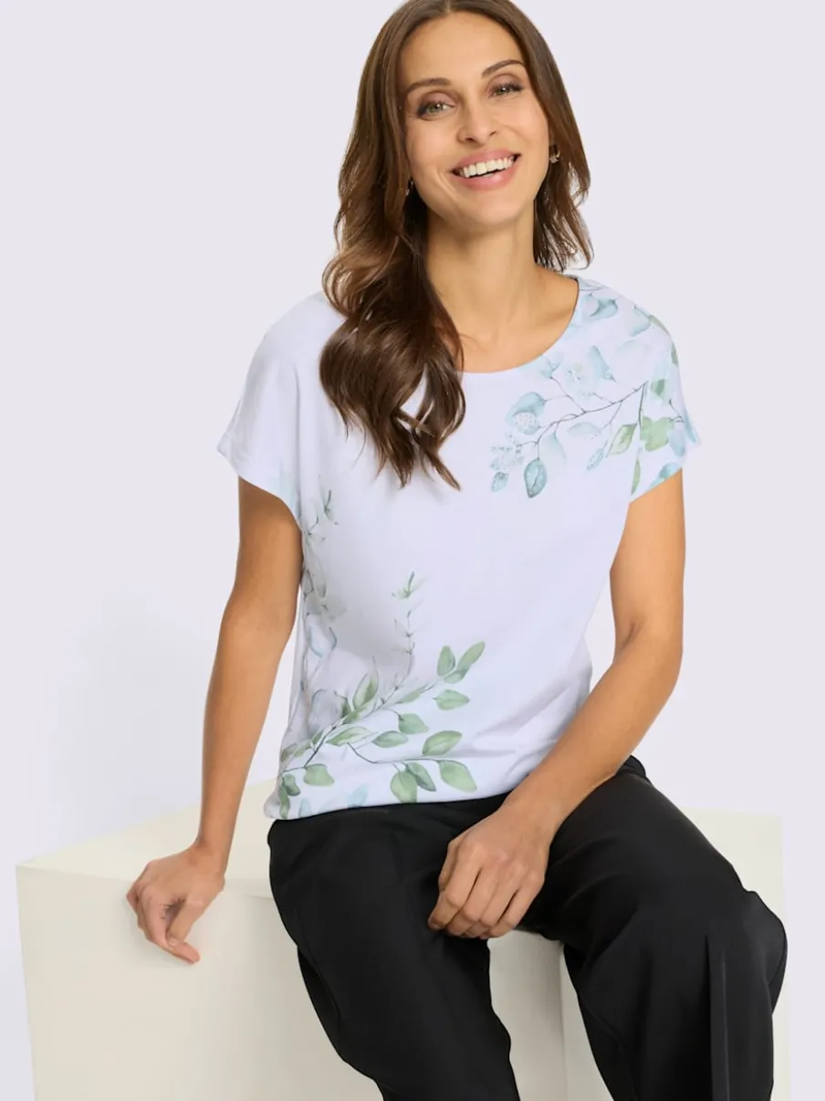 T-shirt à col rond avec motif feuilles et pierres brillantes
