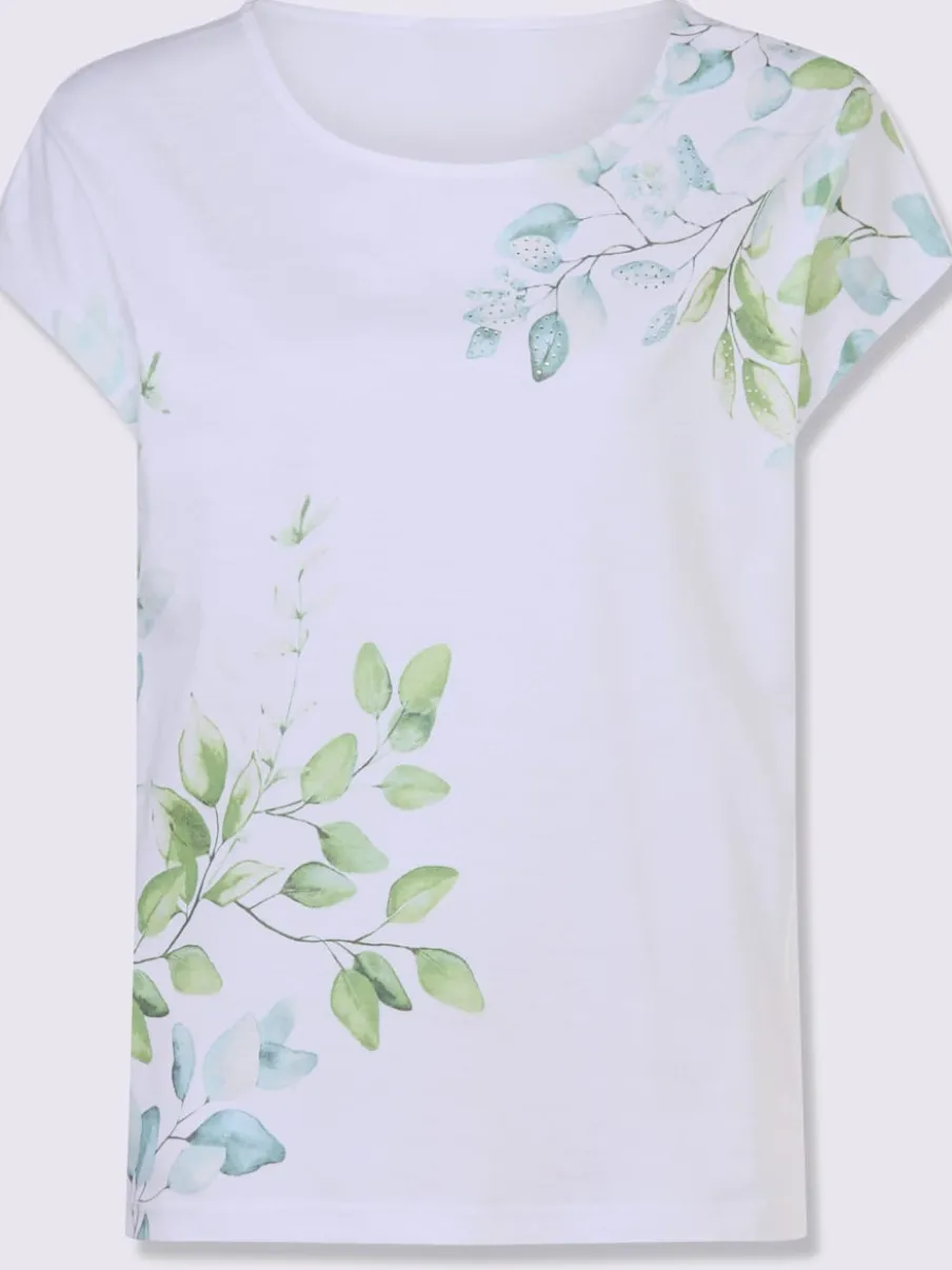 T-shirt à col rond avec motif feuilles et pierres brillantes