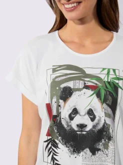 T-shirt à col rond avec motif panda et mancherons
