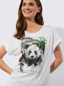 T-shirt à col rond avec motif panda et mancherons