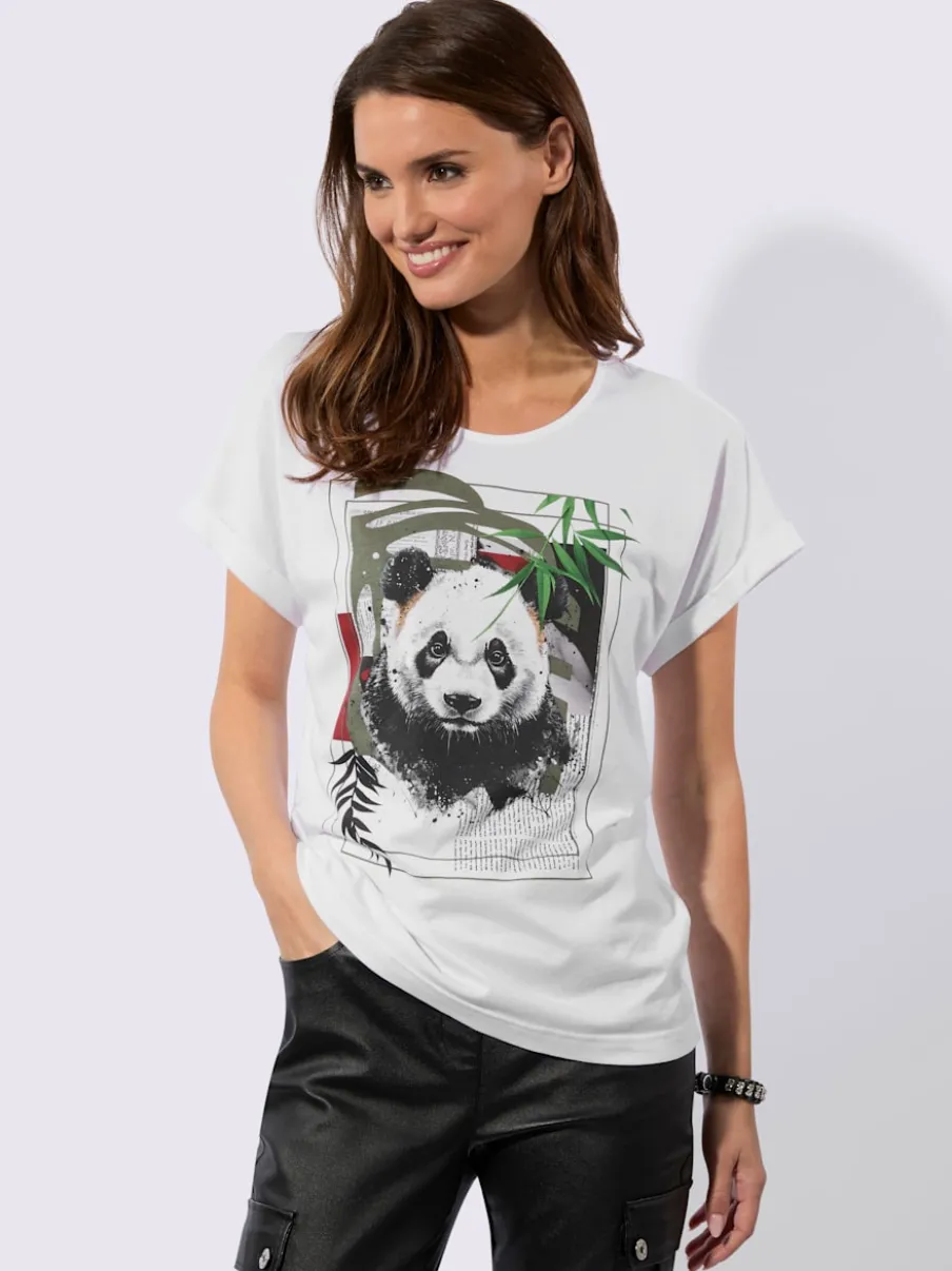 T-shirt à col rond avec motif panda et mancherons