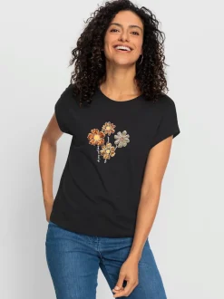 T-shirt à col rond fleurs et mancherons en coton