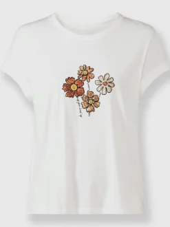 T-shirt à col rond fleurs et mancherons en coton