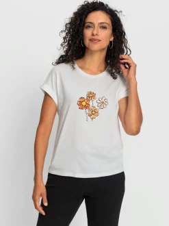 T-shirt à col rond fleurs et mancherons en coton