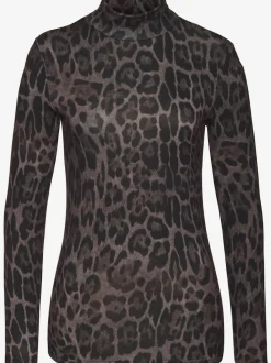T-shirt à col roulé avec manches longues en viscose extensible léopard