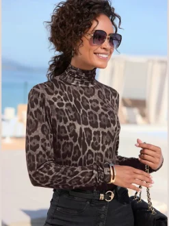 T-shirt à col roulé avec manches longues en viscose extensible léopard