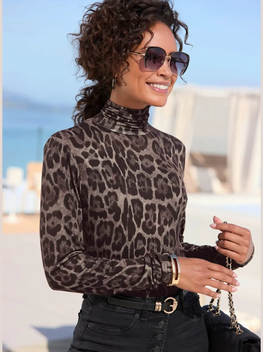 T-shirt à col roulé avec manches longues en viscose extensible léopard