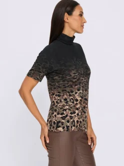 T-shirt à col roulé en viscose avec motif animal et inscription brillante