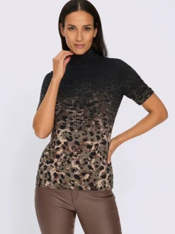 T-shirt à col roulé en viscose avec motif animal et inscription brillante