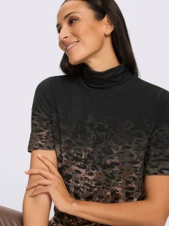 T-shirt à col roulé en viscose avec motif animal et inscription brillante