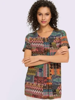 T-shirt à col V avec imprimé patchwork et manches courtes
