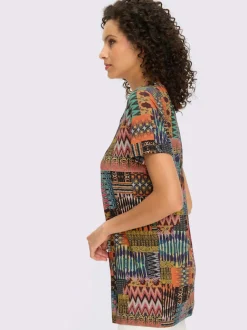 T-shirt à col V avec imprimé patchwork et manches courtes