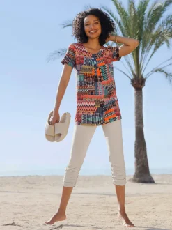 T-shirt à col V avec imprimé patchwork et manches courtes