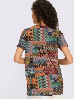T-shirt à col V avec imprimé patchwork et manches courtes