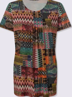 T-shirt à col V avec imprimé patchwork et manches courtes