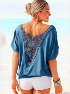 T-shirt de plage ample avec col large et manches mi-longues