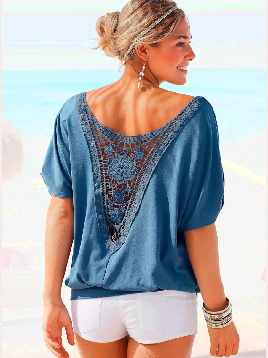 T-shirt de plage ample avec col large et manches mi-longues