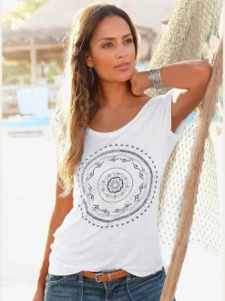 T-shirt de plage avec col arrondi et manches courtes à imprimé graphique