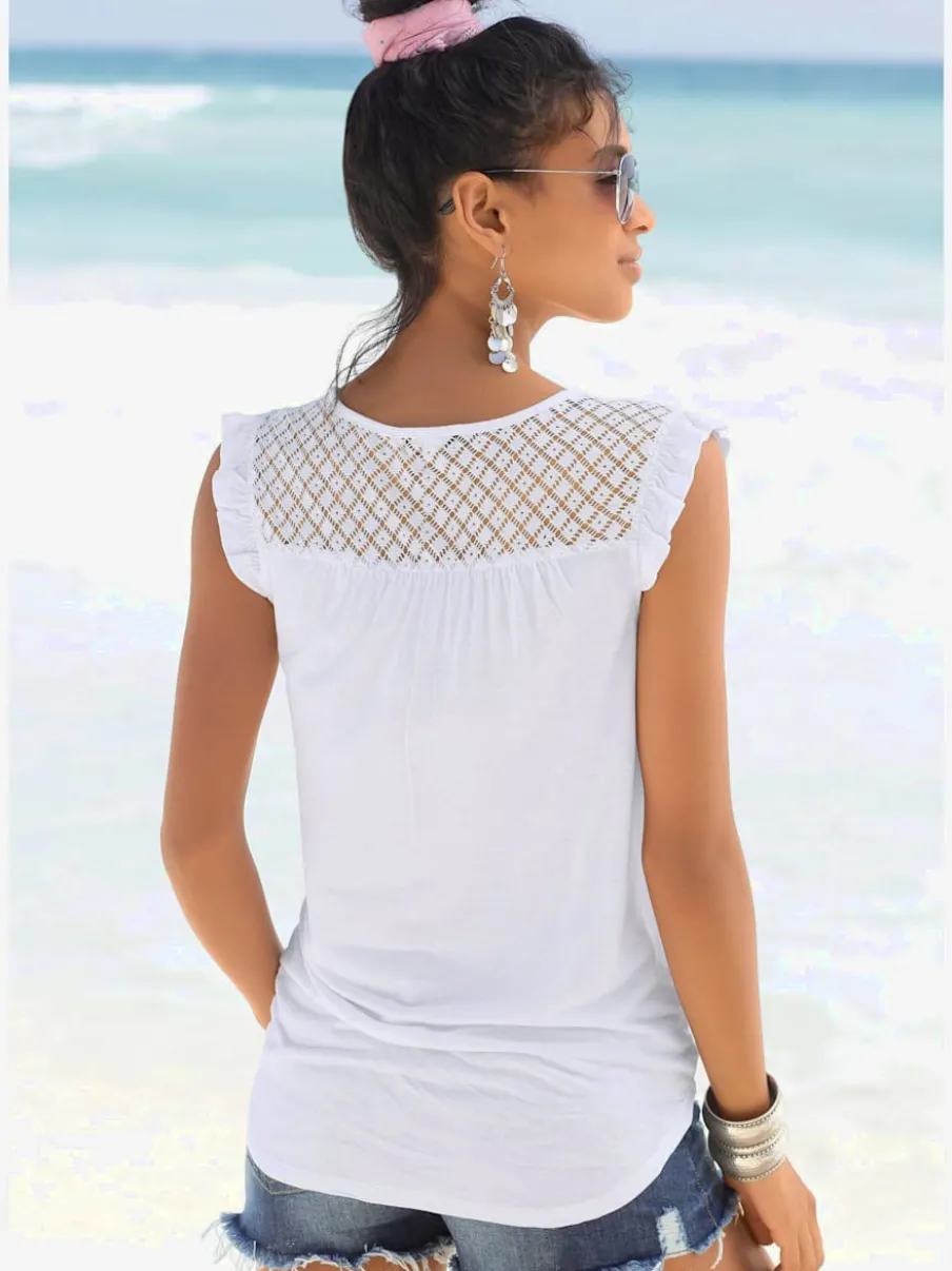 T-shirt de plage à encolure avec fente et volants